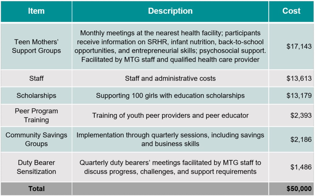 Budget Teen Mothers' Support Groups $17,143 Staff $13,613 Scholarships $13,179 Peer Program Training $2,393 Community Savings Group $2,186 Duty Bearer Sensitization $1,486 Total $50,000