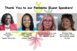 Headshots of Beverley Francis-Gibson, the inspiring CEO of Together Women Rise; Terry Van Horne, former Lead District Representative for Rep. Mike Levin (CA-45); Sahaletou Yelebo, Global Advocacy Associate at Integrate Health; and Dr. Leslye Heilig, former co-chair of the Together Women Rise Advocacy Chapter