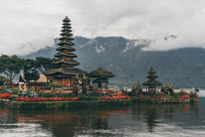 A temple in Bali sits on the water's edge